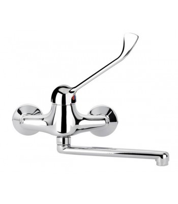 Single-lever wall sink mixer with movable spout and sanitary lever