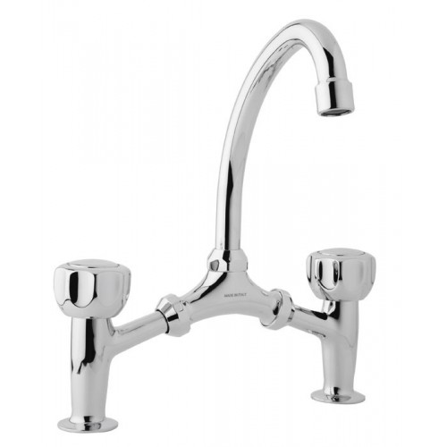 Wash basin mixer bridge type with movable spout and without pop-up waste